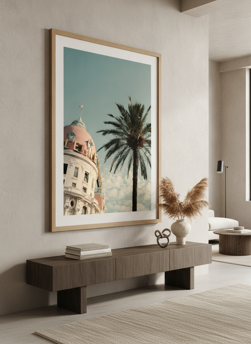 Monumental artwork centred on a feature wall in a luxe interior