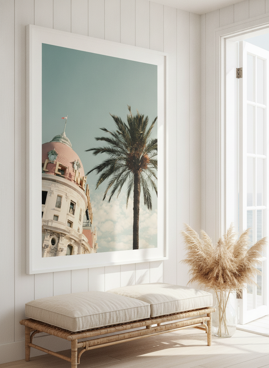 Neutral wall art displayed in a sunny coastal beach house