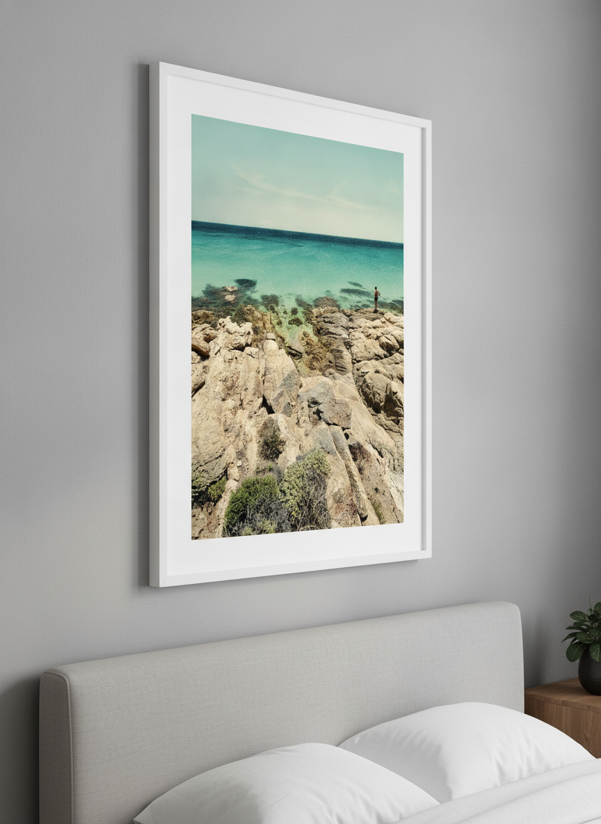 Minimalist artwork displayed in a calm, light-filled bedroom interior