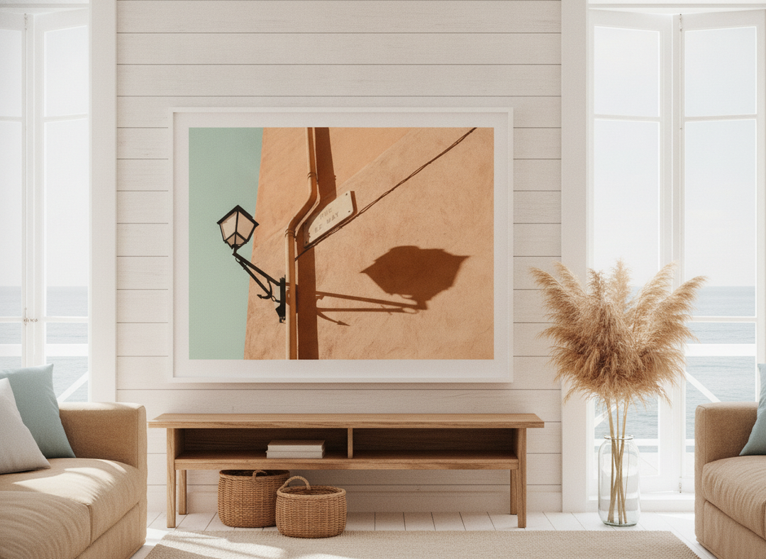 Neutral wall art displayed in a sunny coastal beach house