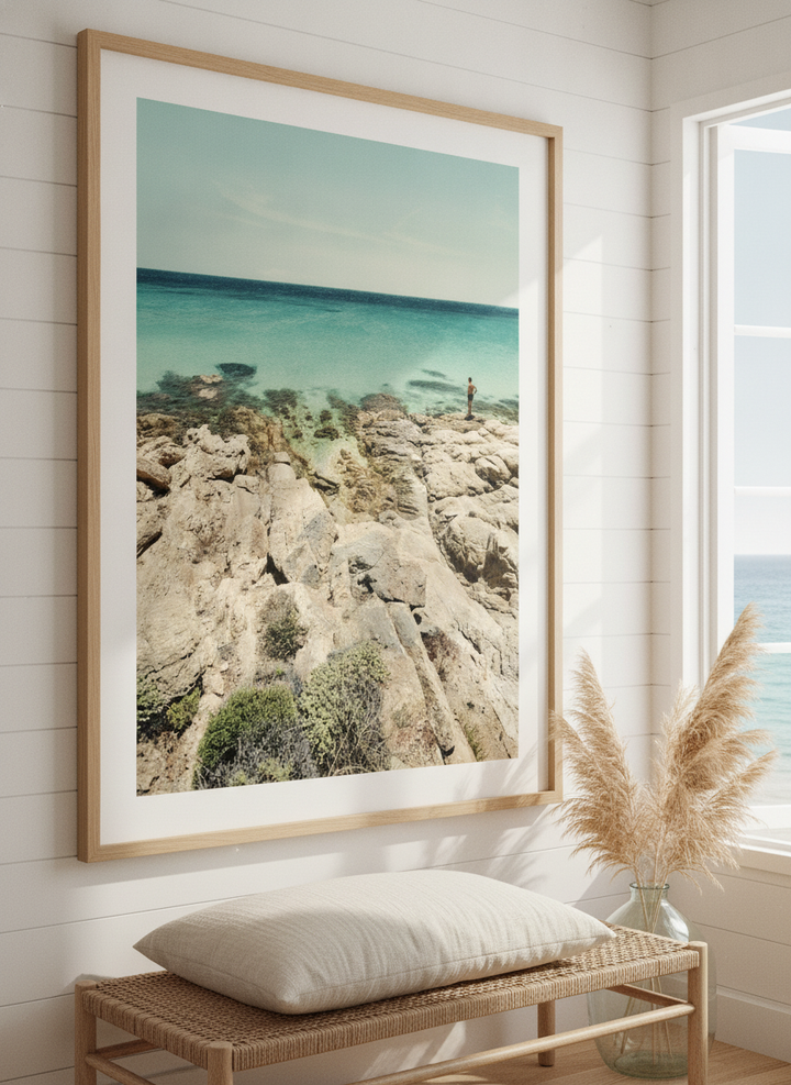 Neutral wall art displayed in a sunny coastal beach house