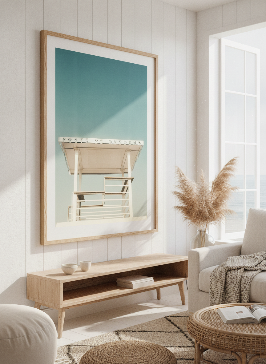 Neutral wall art displayed in a sunny coastal beach house