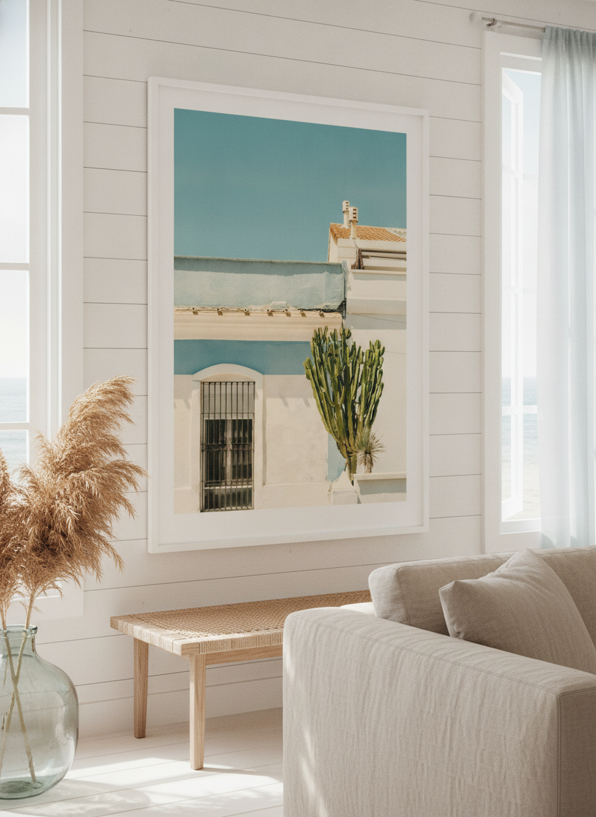 Neutral wall art displayed in a sunny coastal beach house