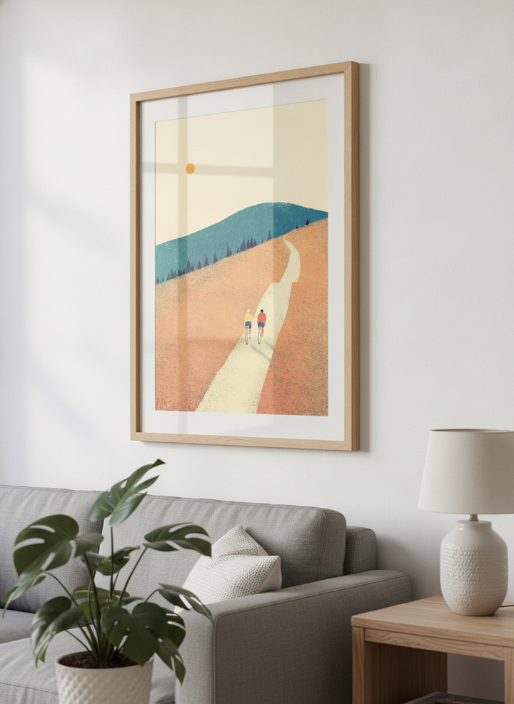 Modern wall art styled above a sofa in a neutral living room