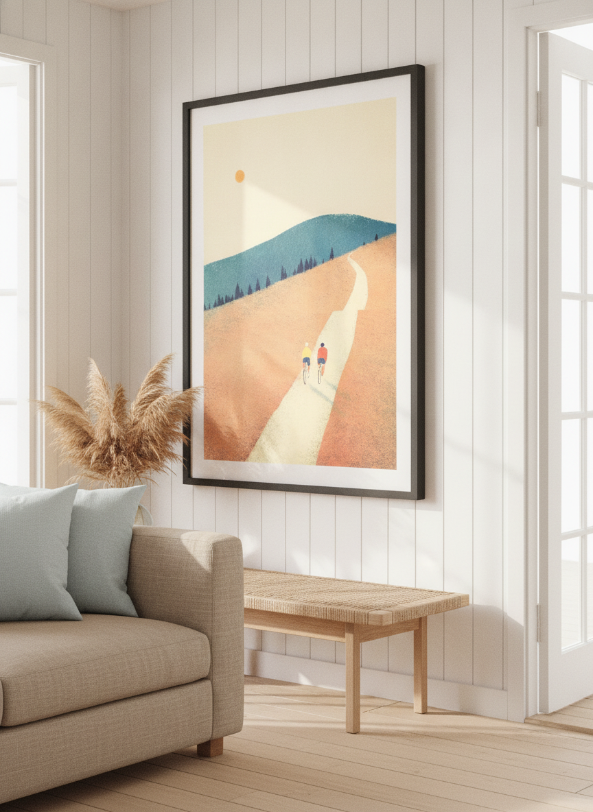 Neutral wall art displayed in a sunny coastal beach house