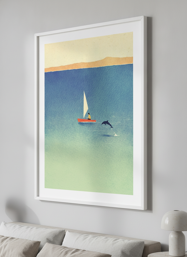 Minimalist artwork displayed in a calm, light-filled bedroom interior