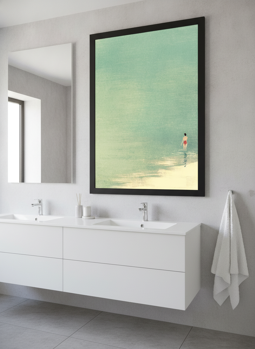 Modern print displayed in a clean minimalist bathroom setting