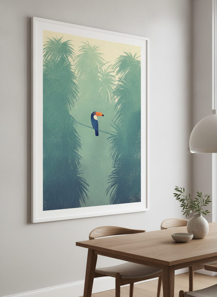 Wall art styled above a dining table in a contemporary home
