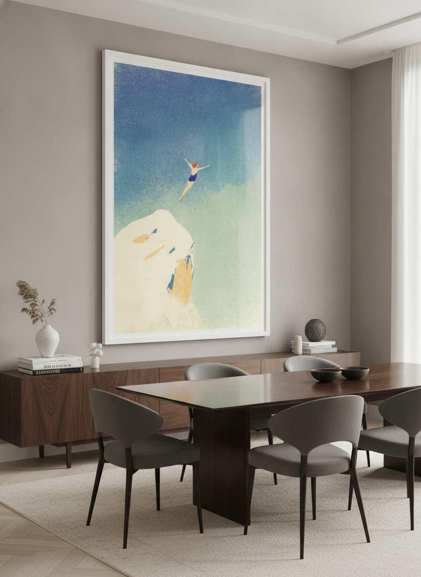 Monumental artwork centred on a feature wall in a luxe interior