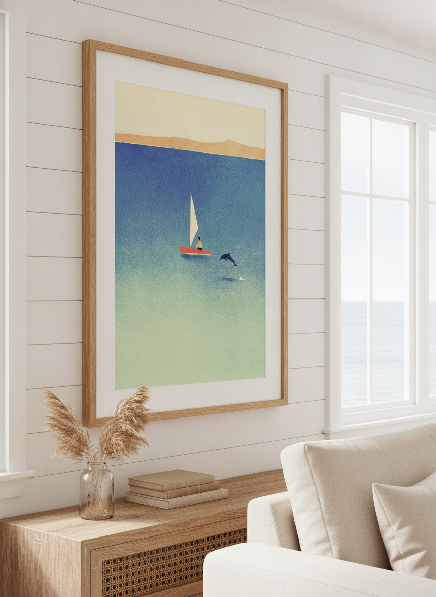 Neutral wall art displayed in a sunny coastal beach house