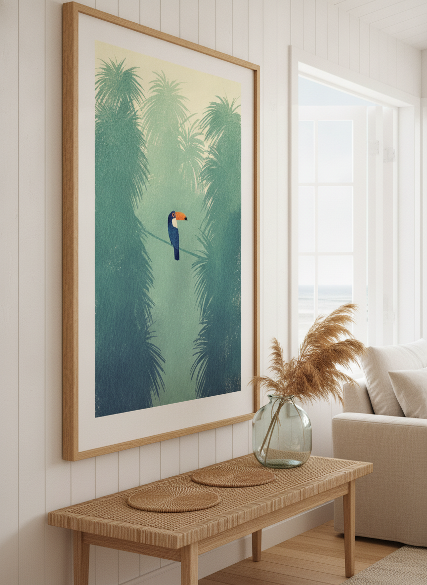 Neutral wall art displayed in a sunny coastal beach house