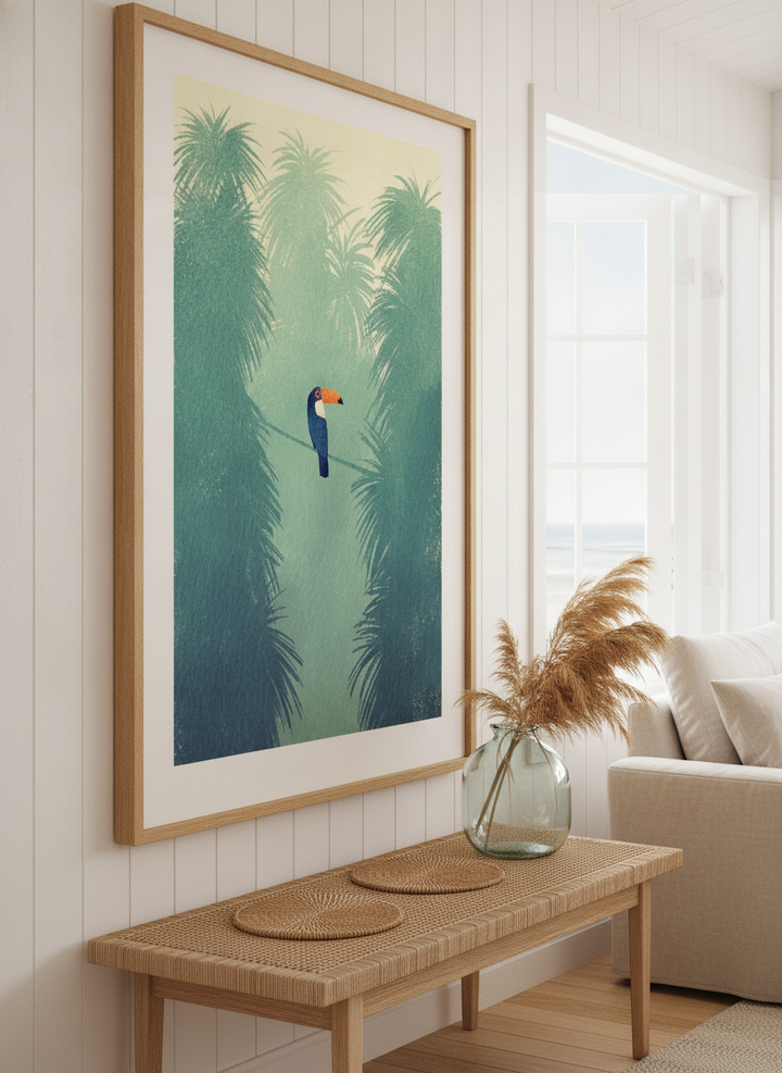 Neutral wall art displayed in a sunny coastal beach house