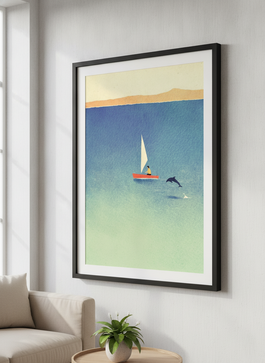Modern wall art styled above a sofa in a neutral living room