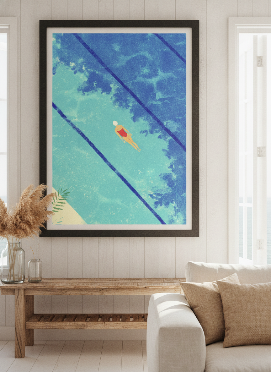 Neutral wall art displayed in a sunny coastal beach house