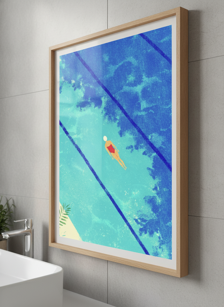 Modern print displayed in a clean minimalist bathroom setting