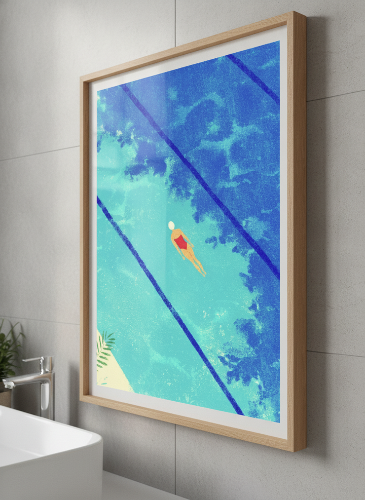 Modern print displayed in a clean minimalist bathroom setting