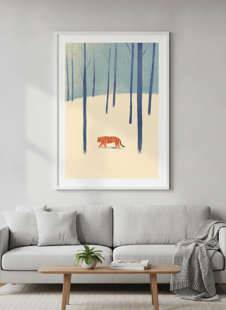Modern wall art styled above a sofa in a neutral living room