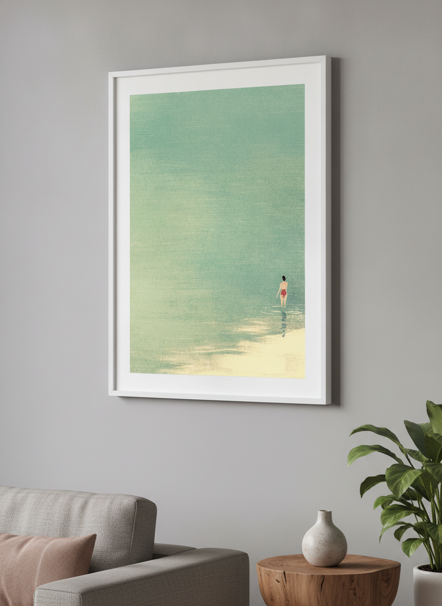 Modern wall art styled above a sofa in a neutral living room