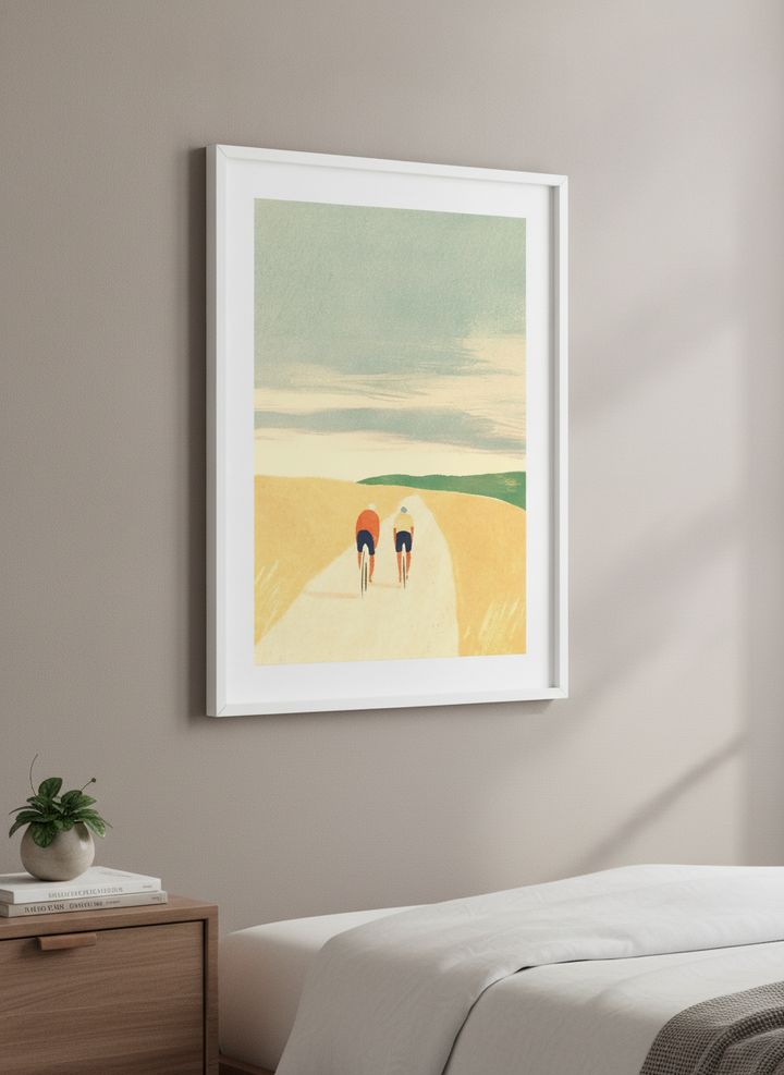 Minimalist artwork displayed in a calm, light-filled bedroom interior