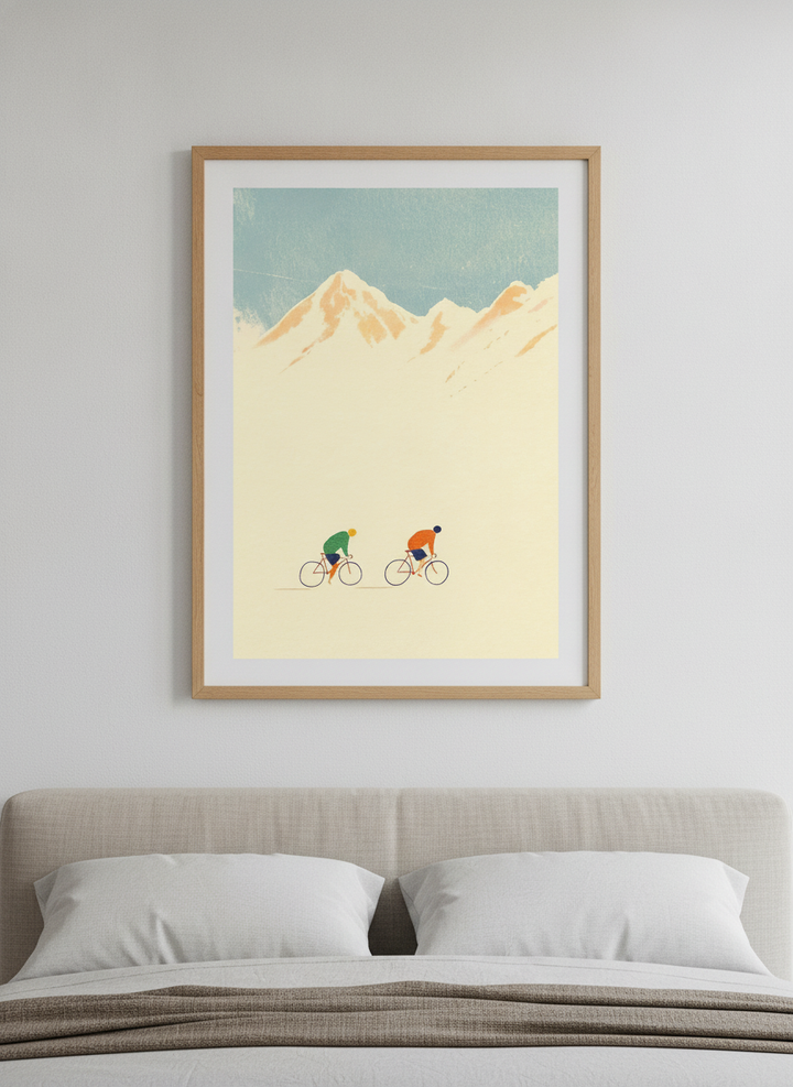 Minimalist artwork displayed in a calm, light-filled bedroom interior