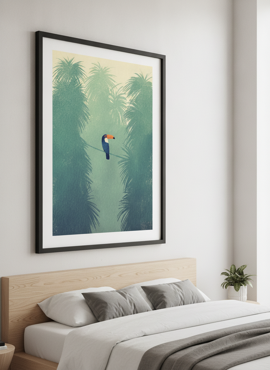 Minimalist artwork displayed in a calm, light-filled bedroom interior
