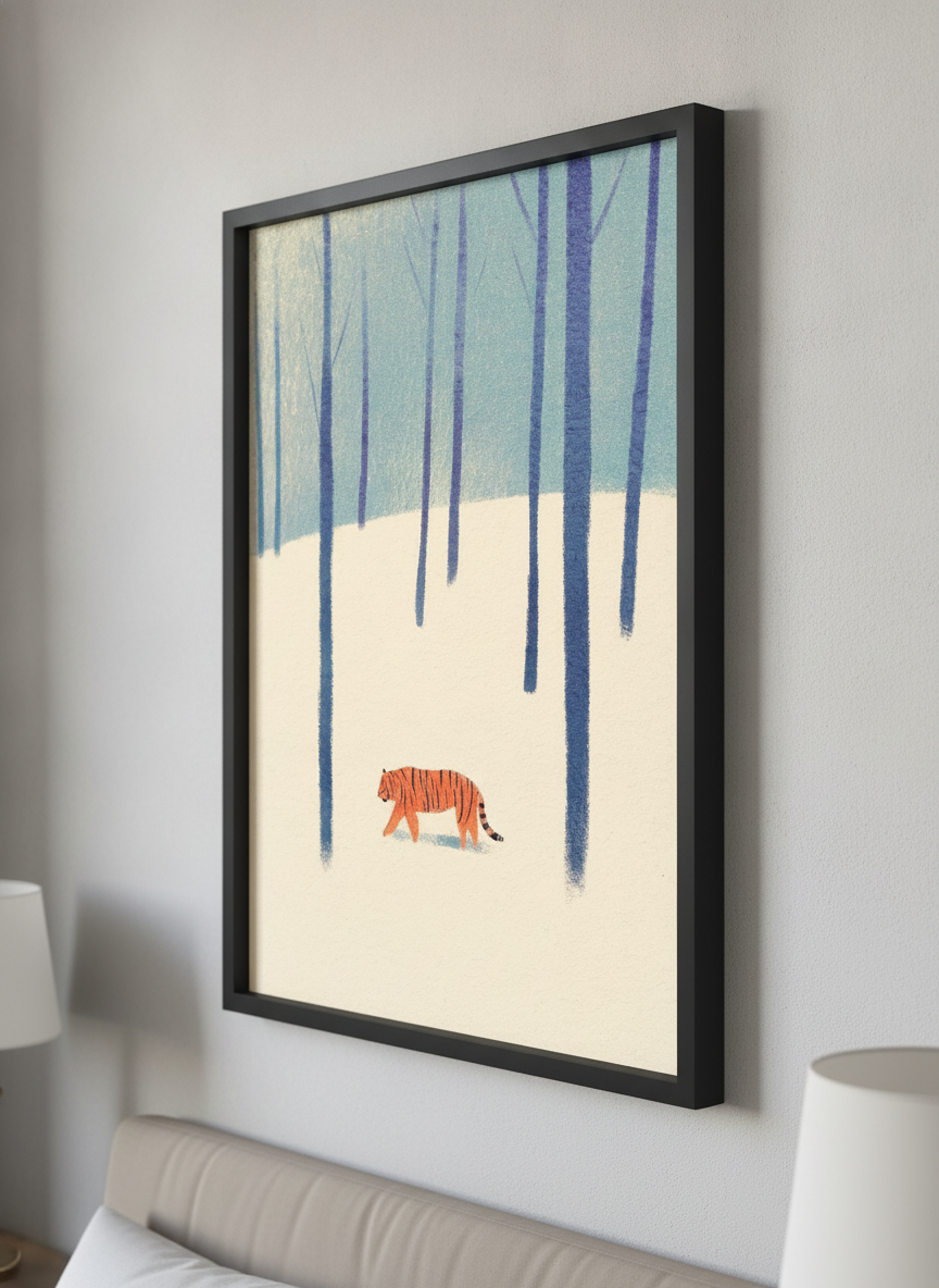 Minimalist artwork displayed in a calm, light-filled bedroom interior