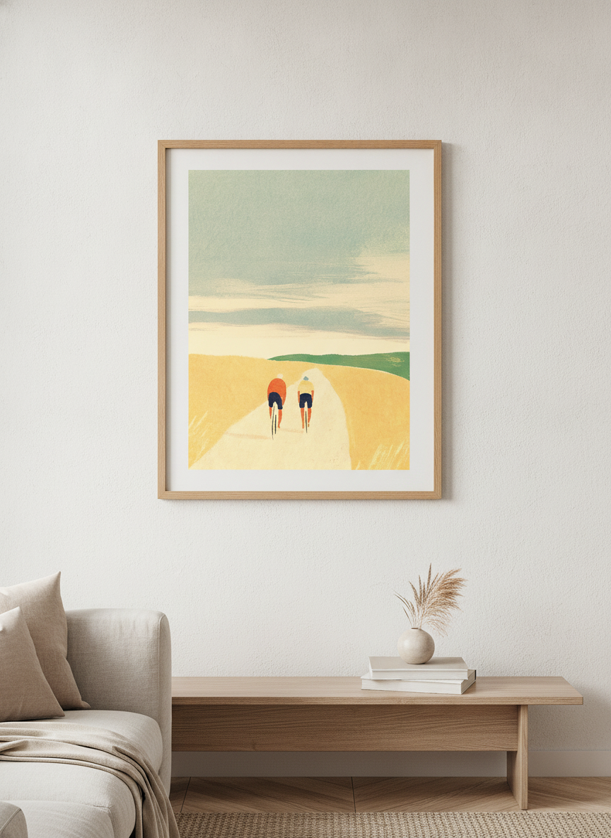 Modern wall art styled above a sofa in a neutral living room