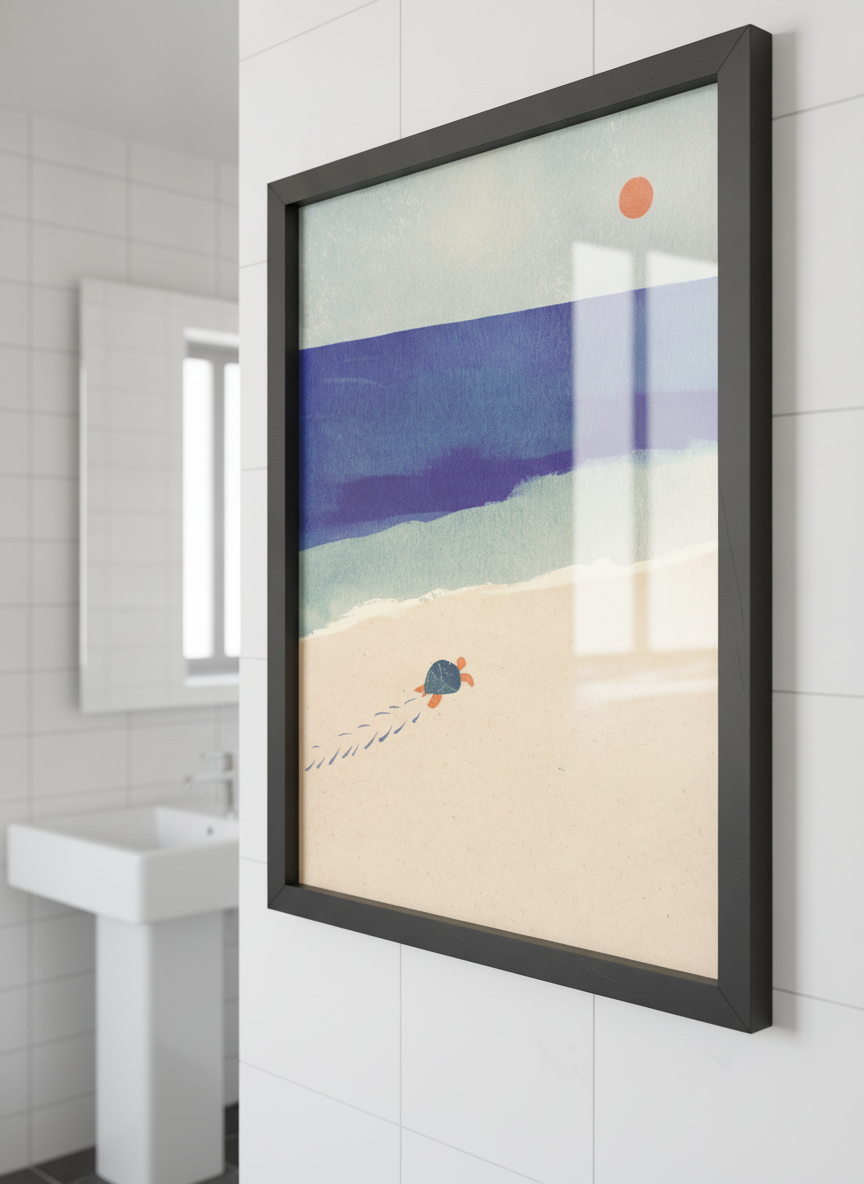 Modern print displayed in a clean minimalist bathroom setting