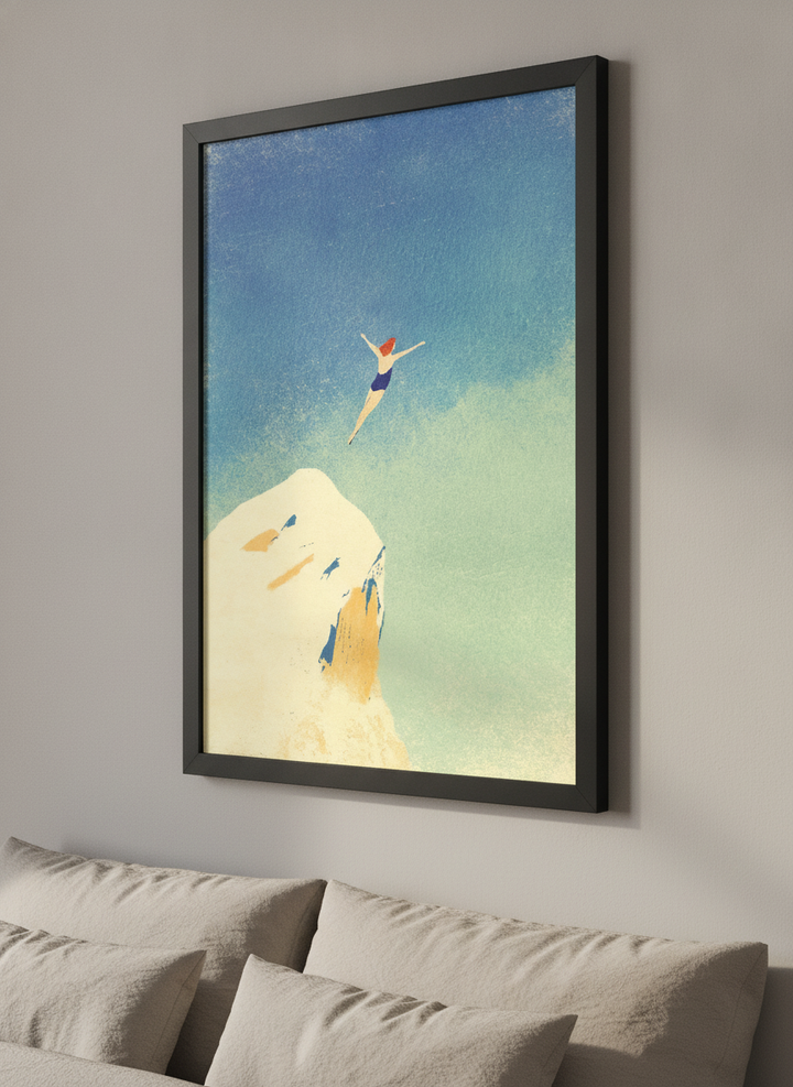 Minimalist artwork displayed in a calm, light-filled bedroom interior