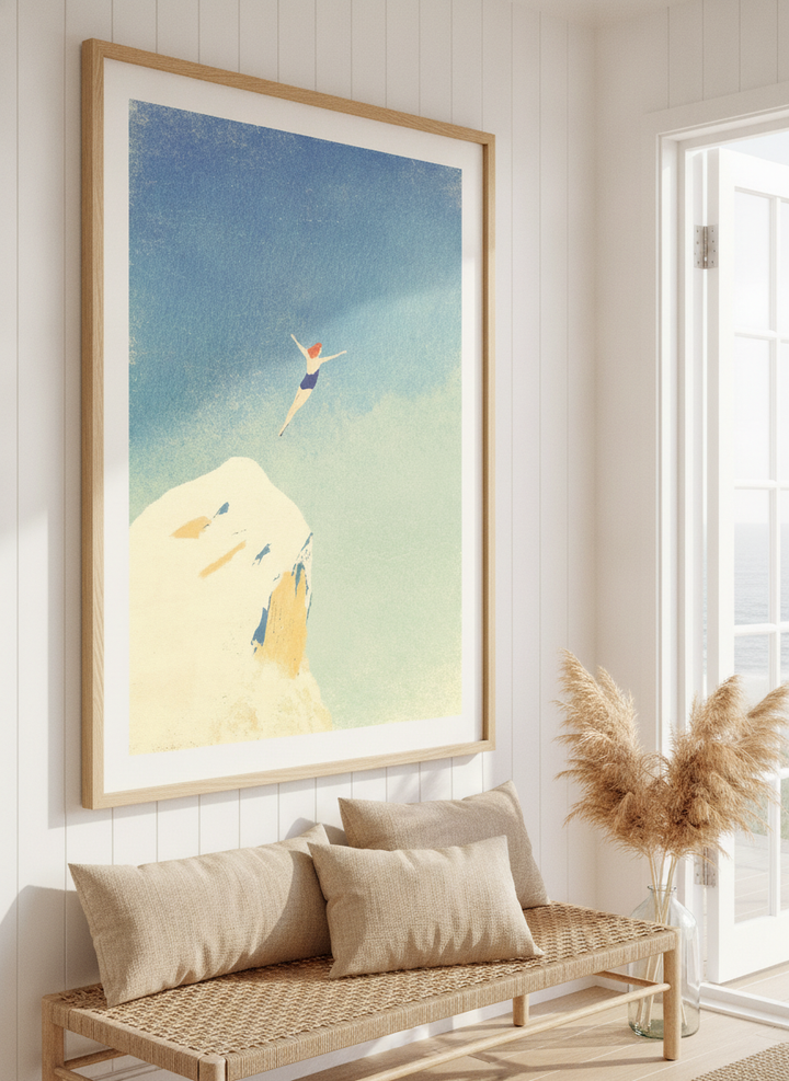 Neutral wall art displayed in a sunny coastal beach house