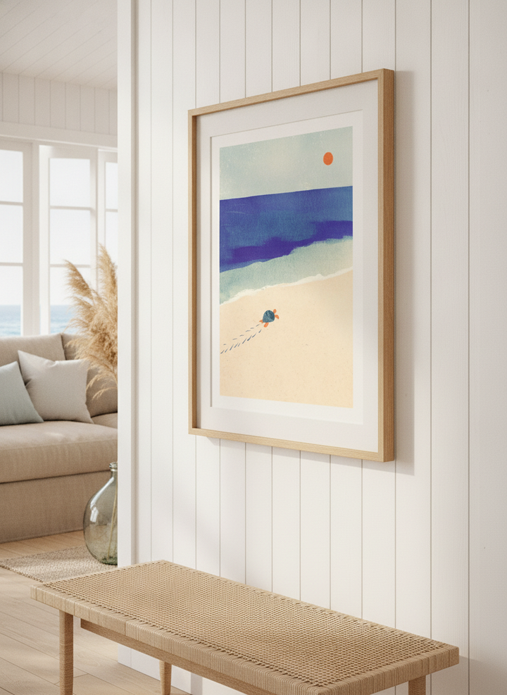 Neutral wall art displayed in a sunny coastal beach house