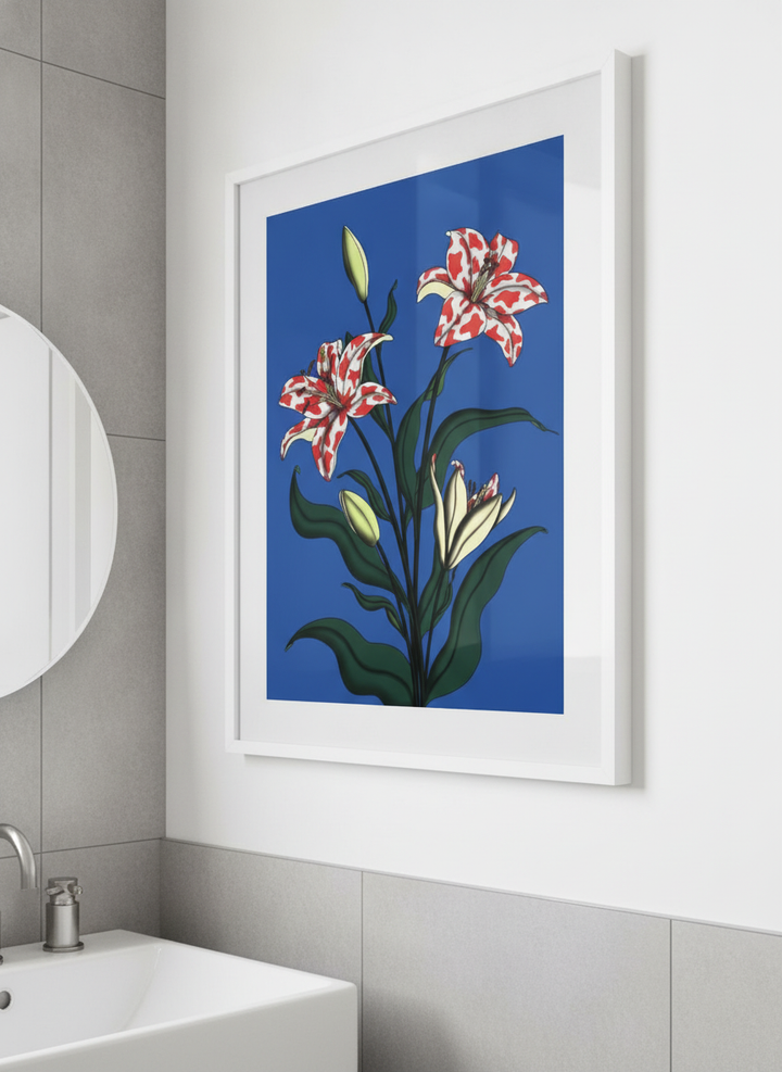 Modern print displayed in a clean minimalist bathroom setting