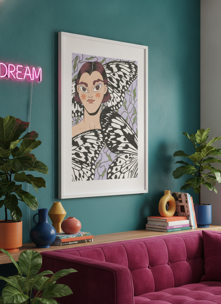 Bold wall art styled in a colourful, eclectic modern home