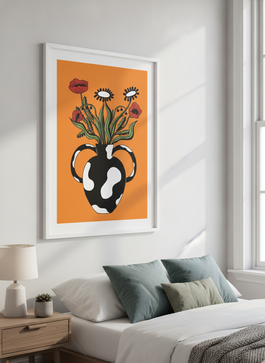 Minimalist artwork displayed in a calm, light-filled bedroom interior