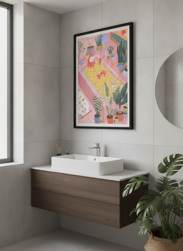 Modern print displayed in a clean minimalist bathroom setting