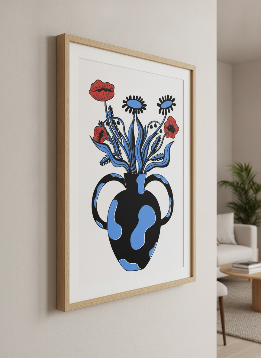 Modern wall art styled above a sofa in a neutral living room