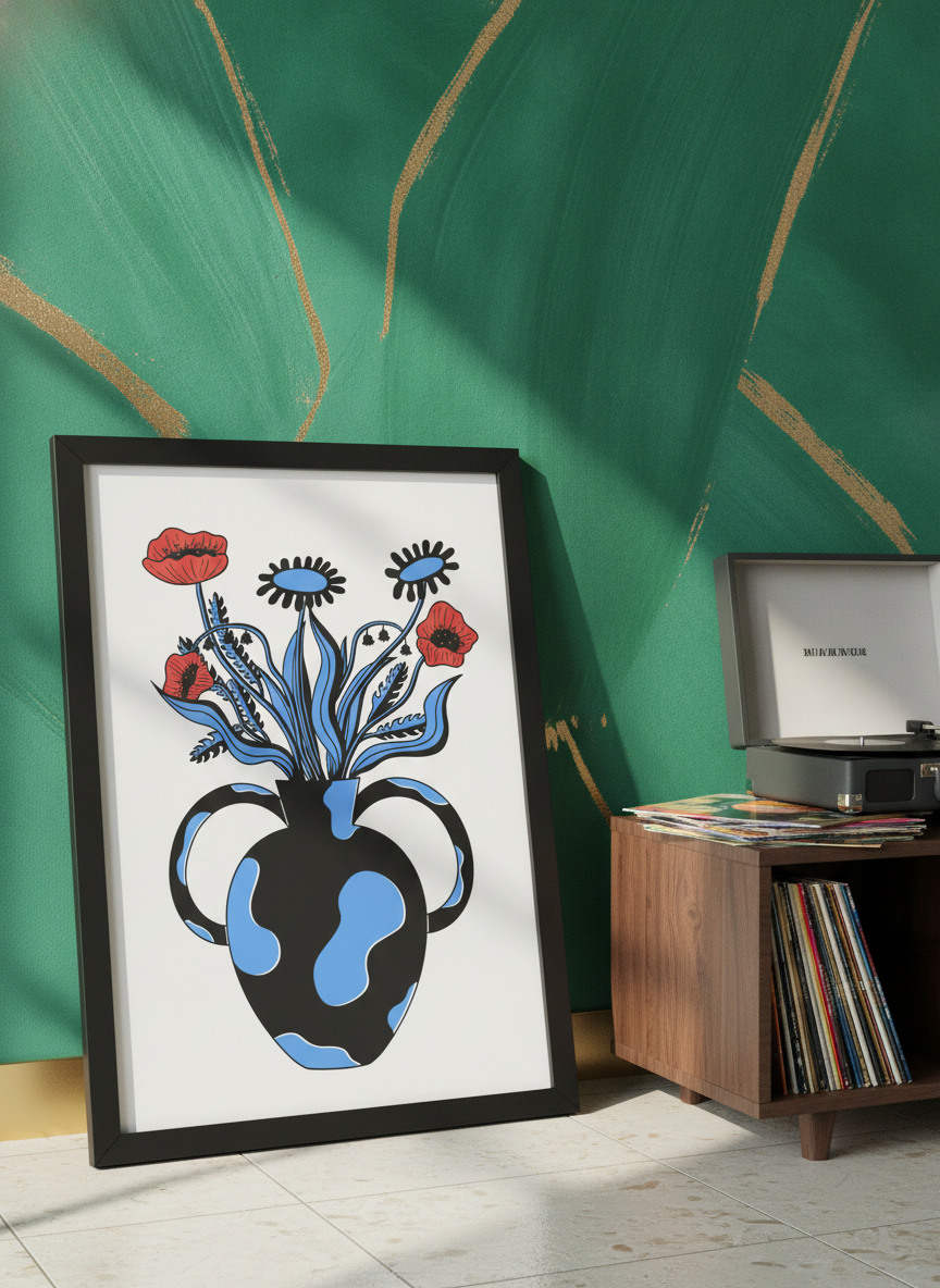 Bold wall art styled in a colourful, eclectic modern home
