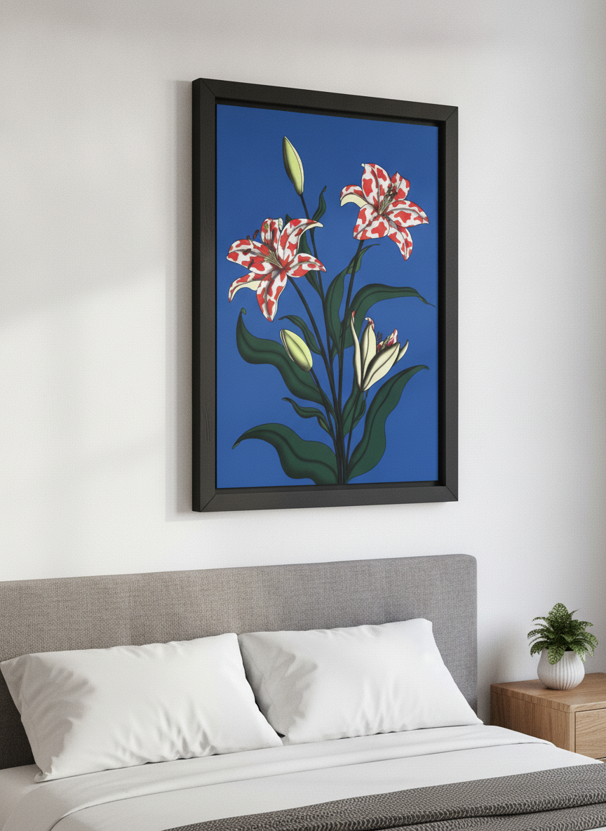 Minimalist artwork displayed in a calm, light-filled bedroom interior