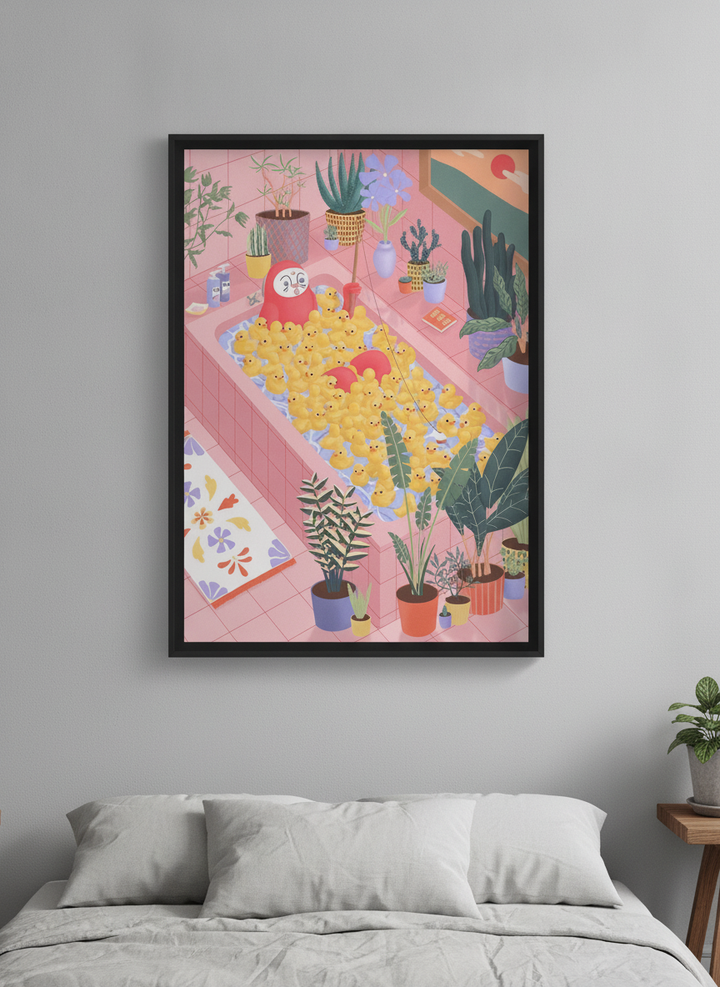 Minimalist artwork displayed in a calm, light-filled bedroom interior