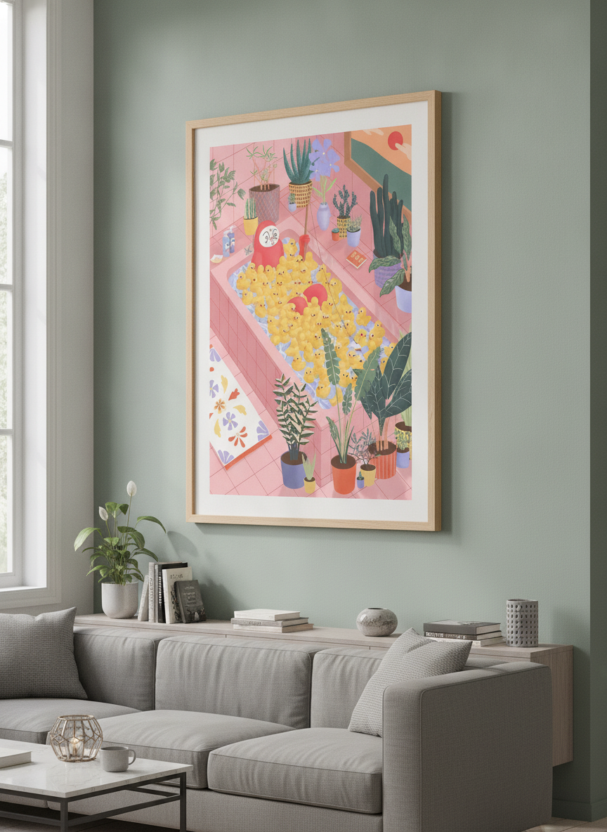 Modern wall art styled above a sofa in a neutral living room