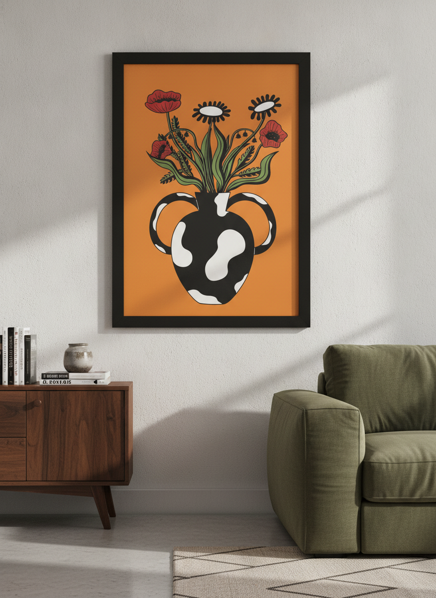 Modern wall art styled above a sofa in a neutral living room