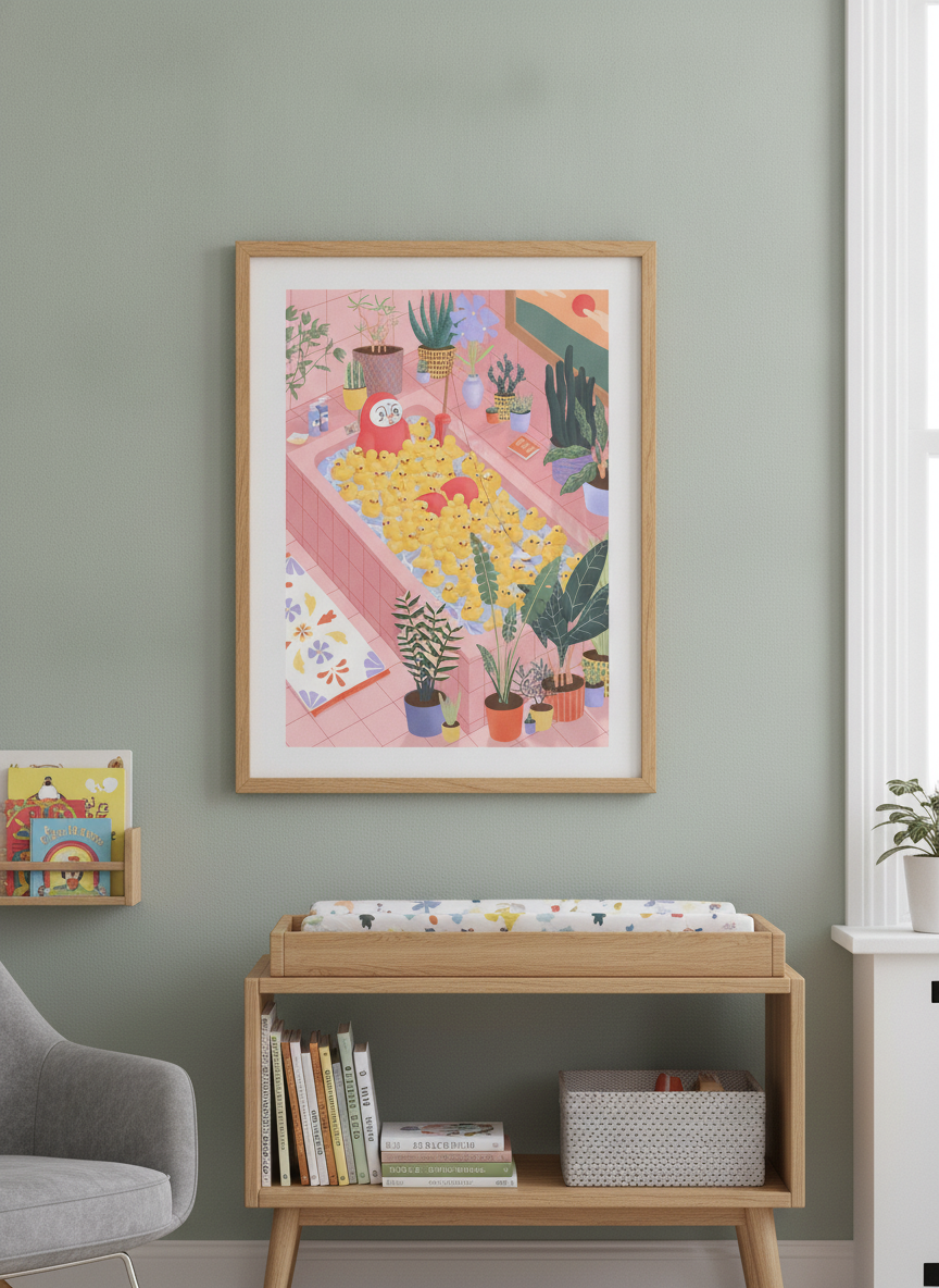 Soft neutral wall art styled in a serene nursery with pastel tones