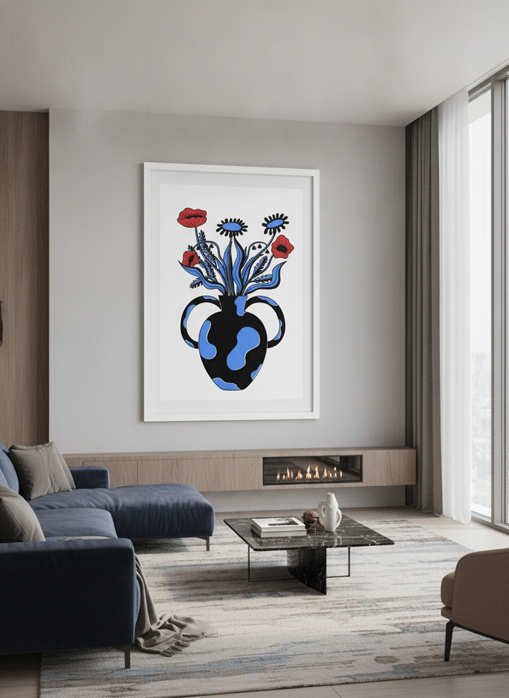 Monumental artwork centred on a feature wall in a luxe interior