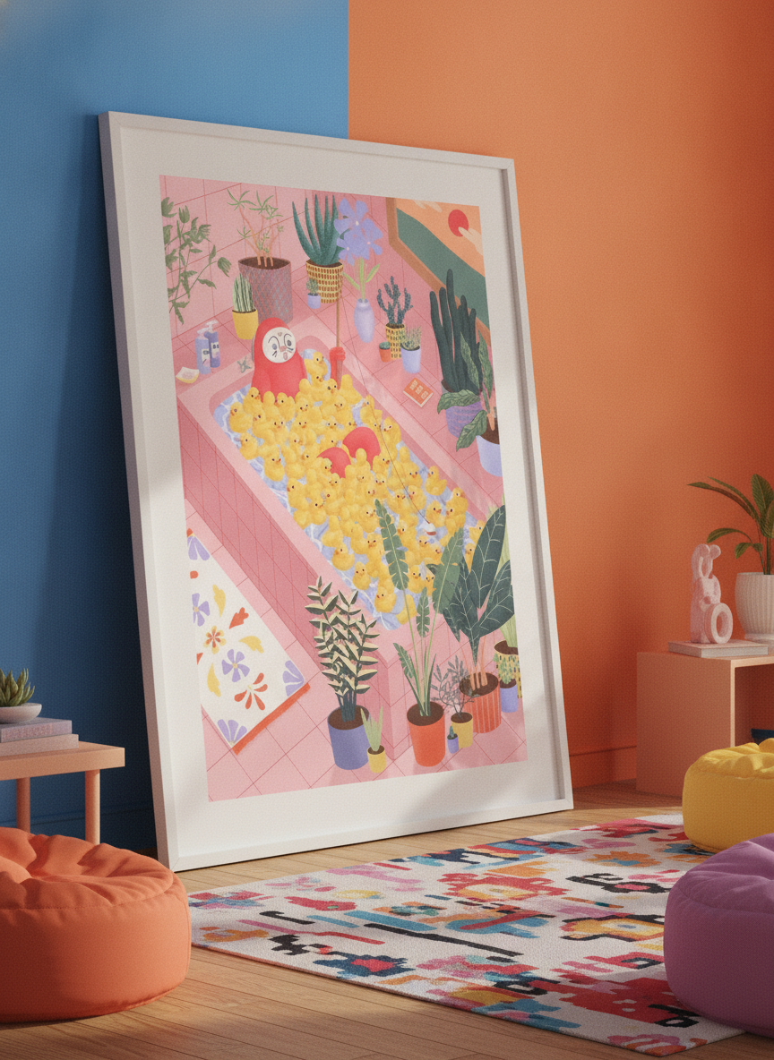 Bold wall art styled in a colourful, eclectic modern home