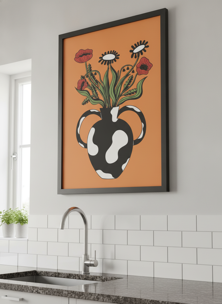 Artwork styled on the wall of a bright modern kitchen