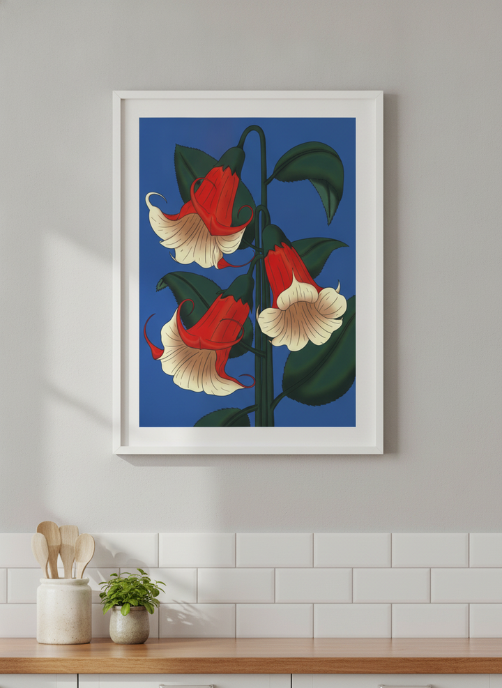 Artwork styled on the wall of a bright modern kitchen
