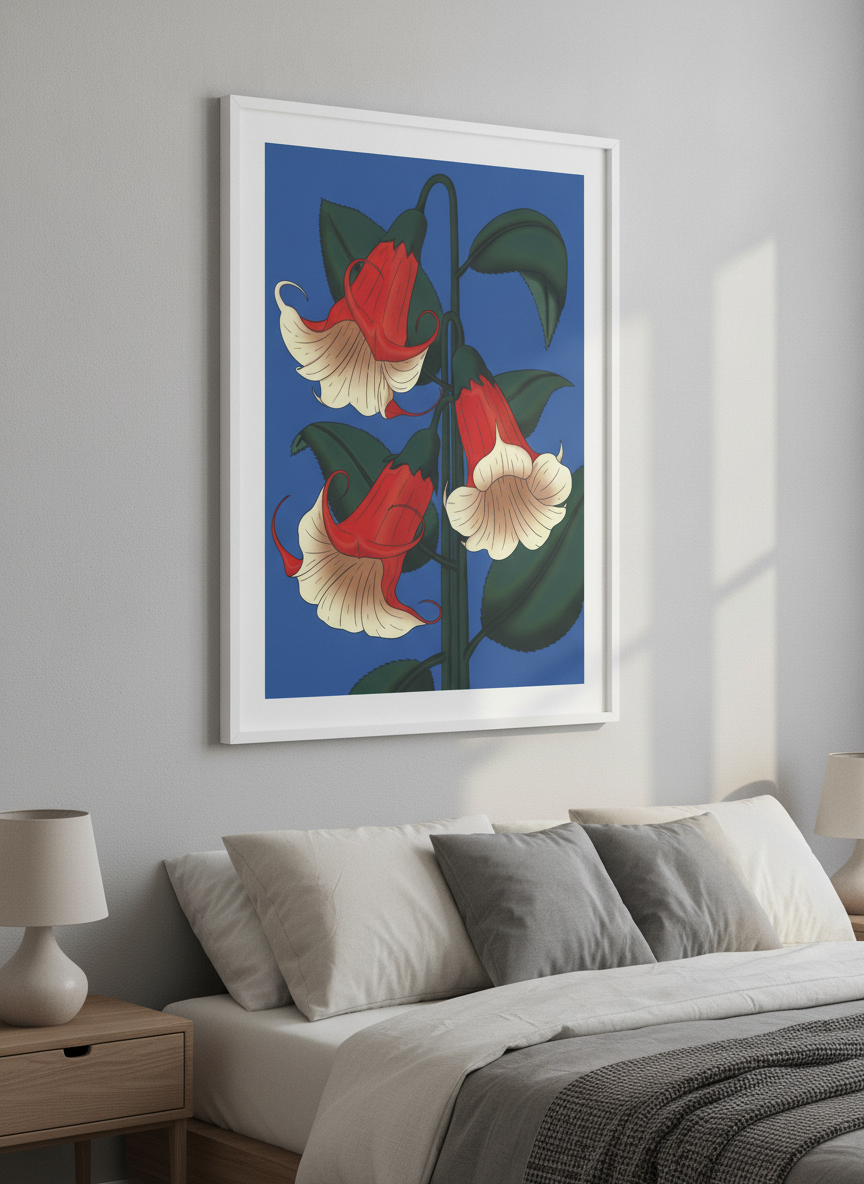 Minimalist artwork displayed in a calm, light-filled bedroom interior