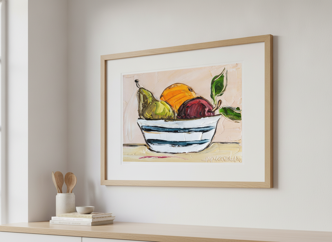Artwork styled on the wall of a bright modern kitchen