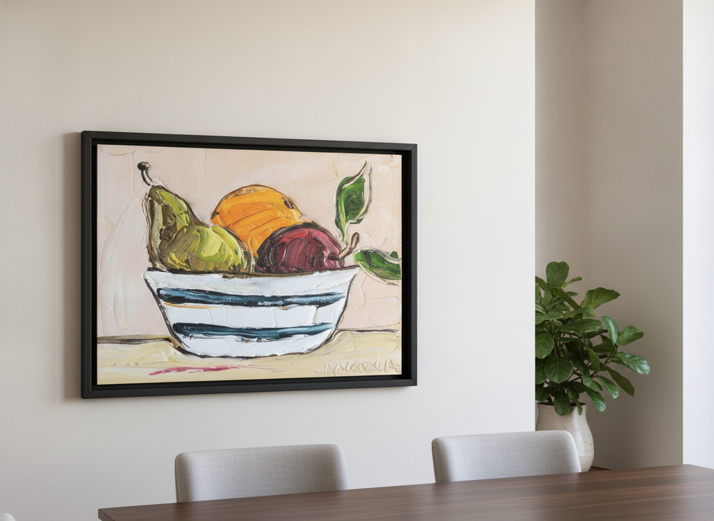 Wall art styled above a dining table in a contemporary home