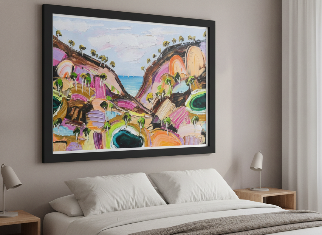 Minimalist artwork displayed in a calm, light-filled bedroom interior